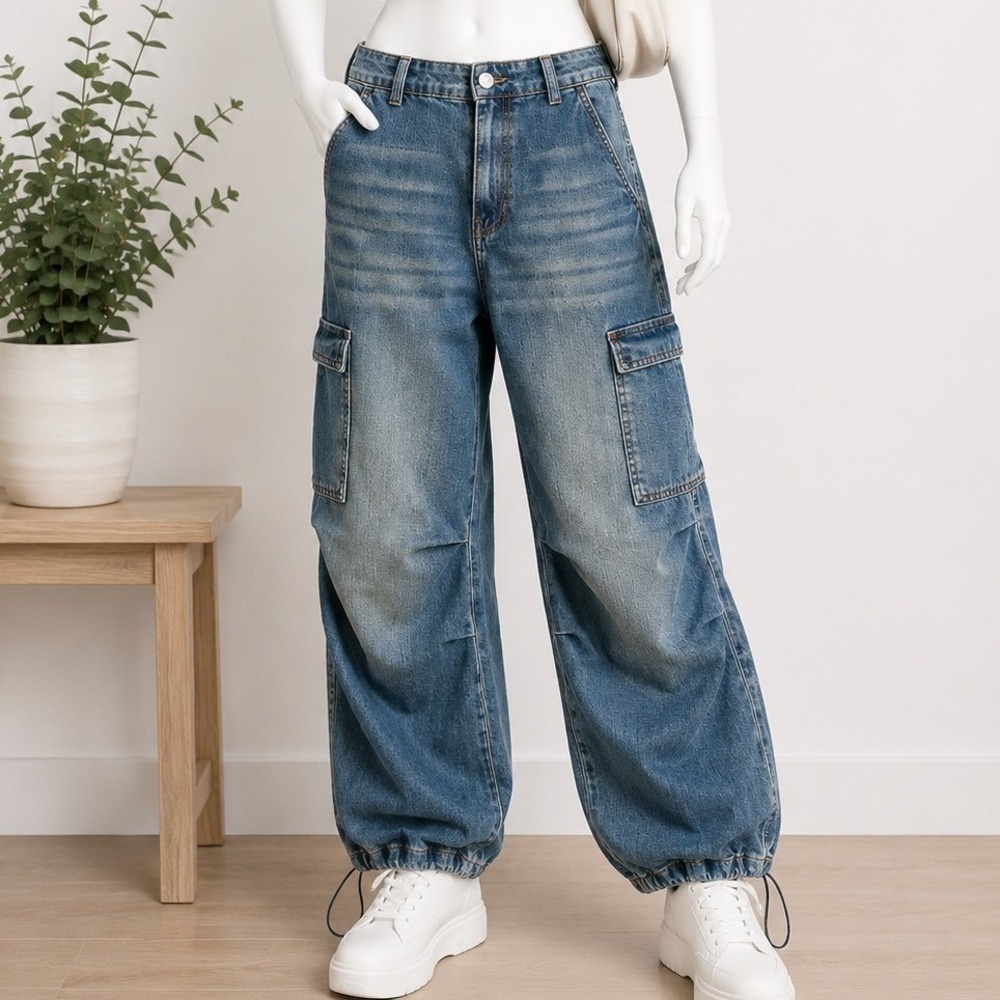 H&M Divided Womens Cargo Jogger Jeans Blue Medium Wash Balloon Fit Small